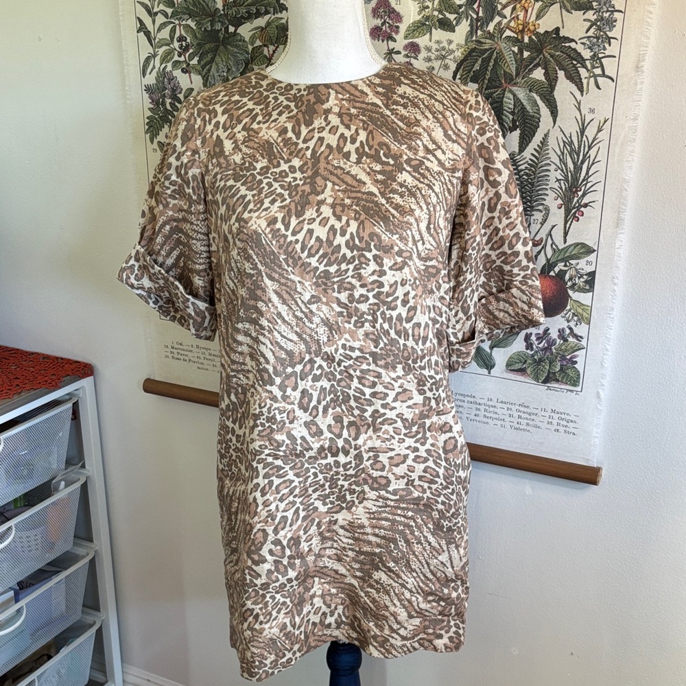 Spell And The Gypsy Linen Beige and Brown Leopard Print Mini Dress XS